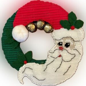 Santa w/Jingle Bells Wall/door hanging. Handmade yarn needlepoint and plastic.
